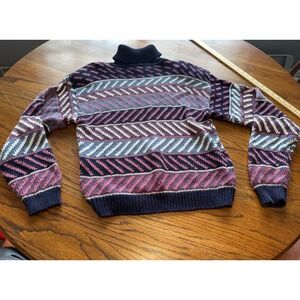 Paris Sport Club Vintage 90s Turtleneck Sweater Geometric Knit Navy Pink Small